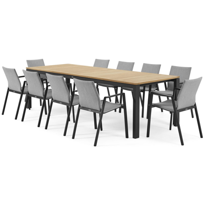 Ensemble de jardin Varese en aluminium noir avec plateau de table en teck naturel et 10 chaises de jardin empilables Madura