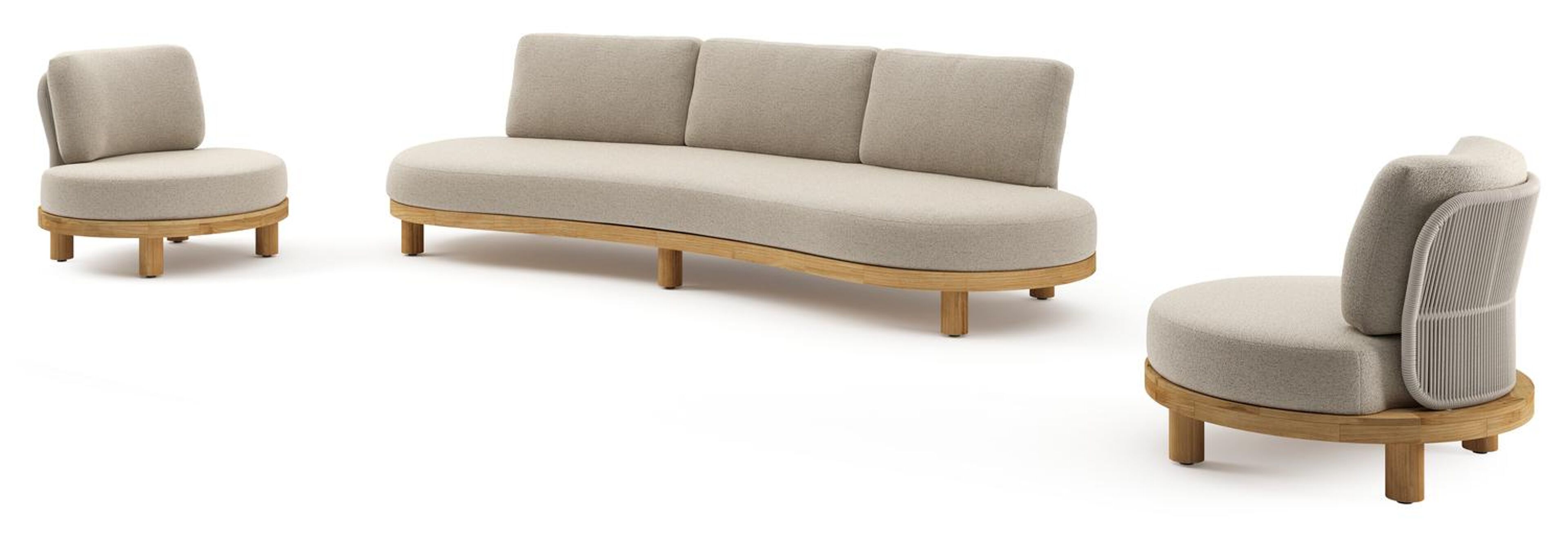 Salon de jardin Donato en teck et corde ronde tissée verticalement beige et coussins en all weather cosytica Marbella Beige