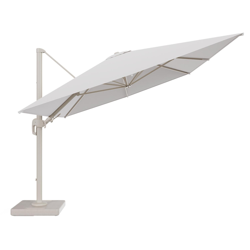 Parasol pendant Rufina avec fonction tilt en aluminium beige et toile de parasol en All Weather Solica Ego Eggshell - Lg.1 400 x Lg.2 300 cm avec pied de parasol Lapido 160 kg