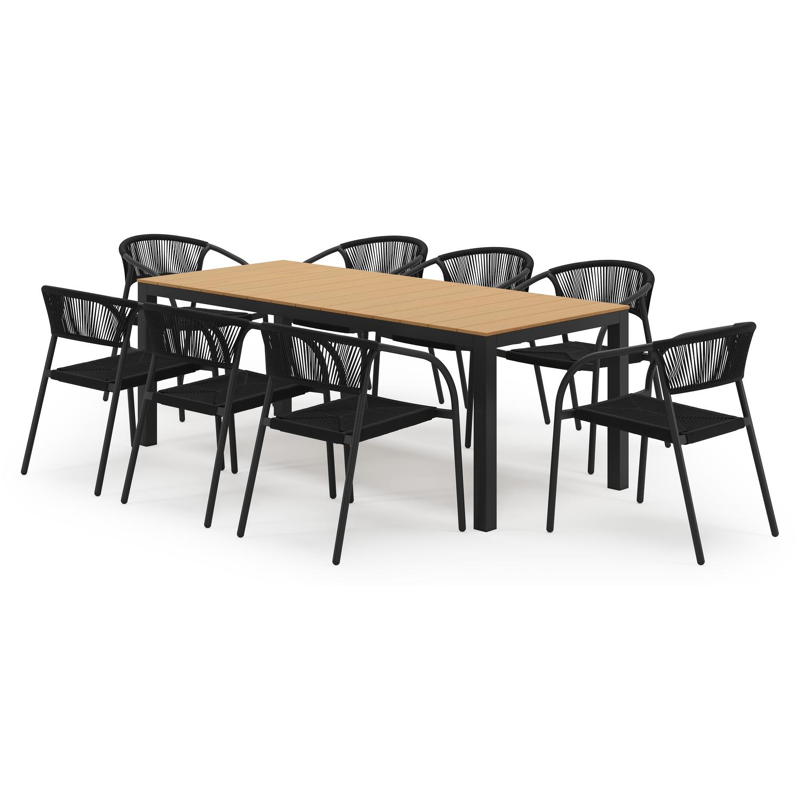 Ensemble de jardin Toma en aluminium noir et polywood avec 8 chaises de jardin empilable Melo