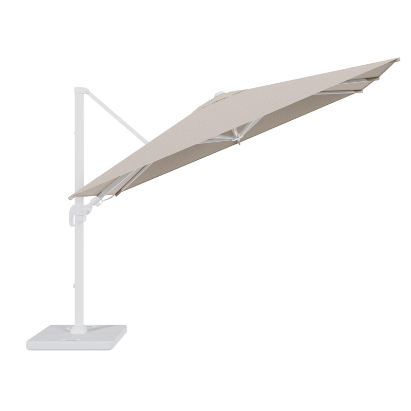 Avola zweefparasol met tiltfunctie in wit aluminium en natural Weather+ Softtouch parasoldoek - L1 200 x L2 300 cm met parasolvoet Pedito 120 kg