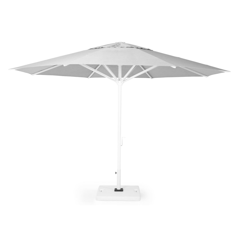 Solino staanparasol in wit aluminium met grijs all weather sunbrella® premium parasoldoek - Dia. 400 cm (met voet)