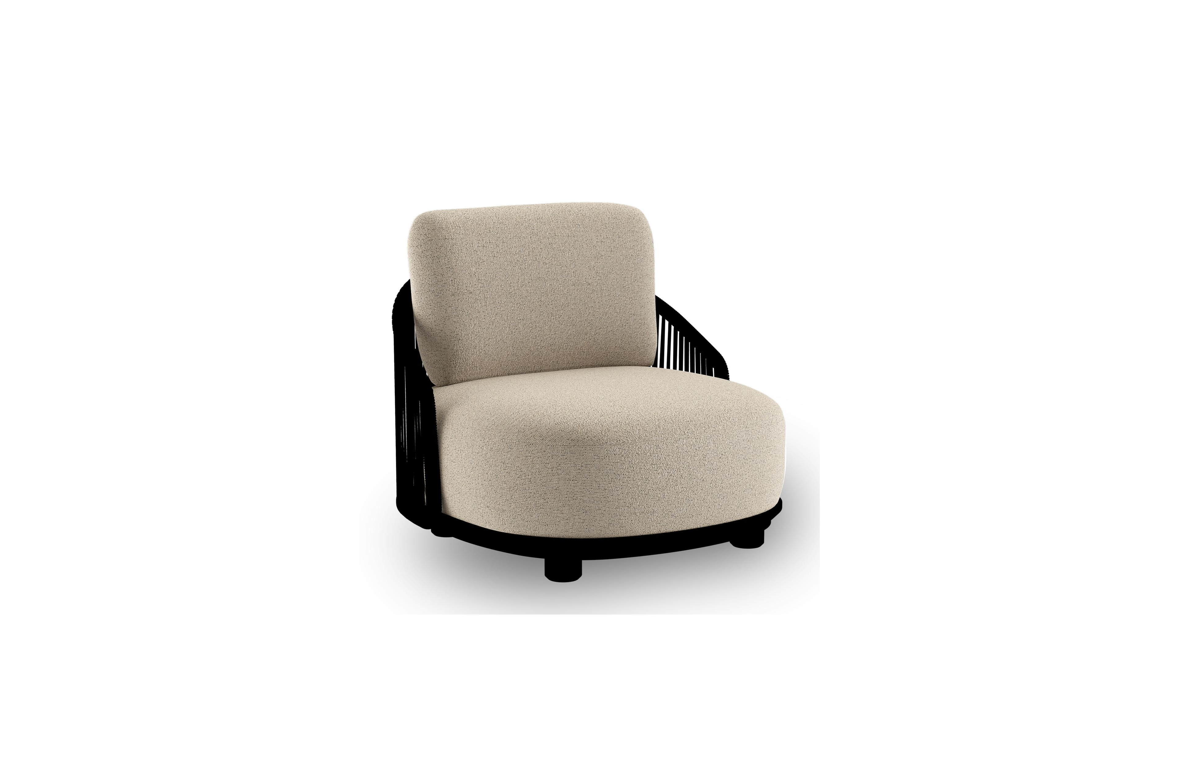 Fauteuil de jardin Vadelo en aluminium noir et corde ronde tissée verticalement noir et coussins en all weather cosytica marbella beige