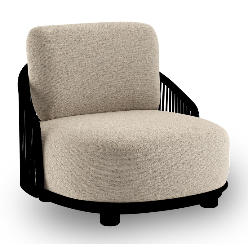 Fauteuil de jardin Vadelo en aluminium noir et corde ronde tissée verticalement noir et coussins en all weather cosytica marbella beige