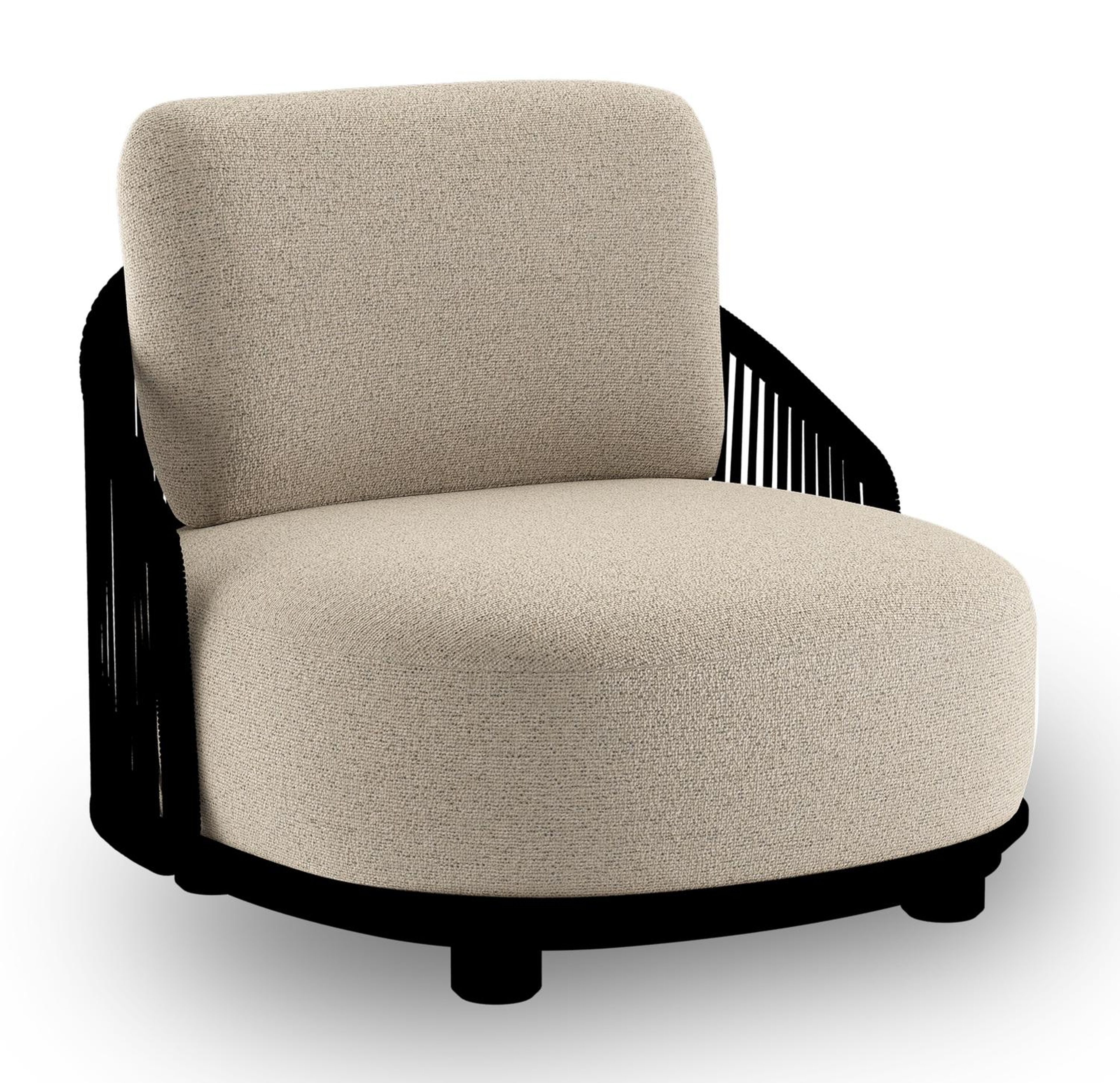 Fauteuil de jardin Vadelo en aluminium noir et corde ronde tissée verticalement noir et coussins en all weather cosytica marbella beige