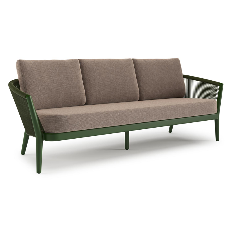 Orso loungebank in groen aluminium en groen verticaal geweven ronde rope met Savane Earth all weather sunbrella® luxe kussen
