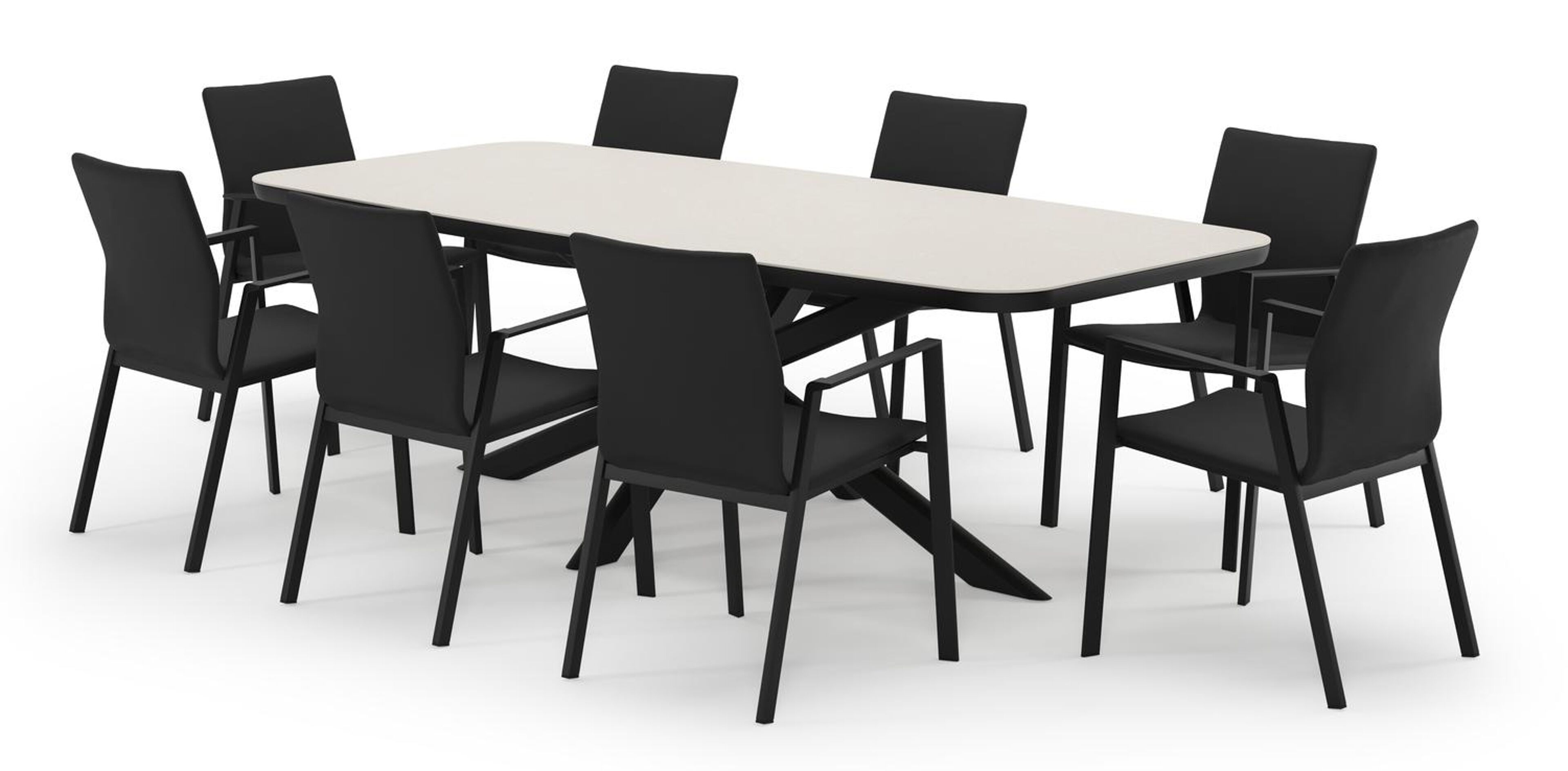 Pamplona bootvormige tuinset in zwart aluminium en sintered stone crema minerale met 8 Madura tuinstoelen