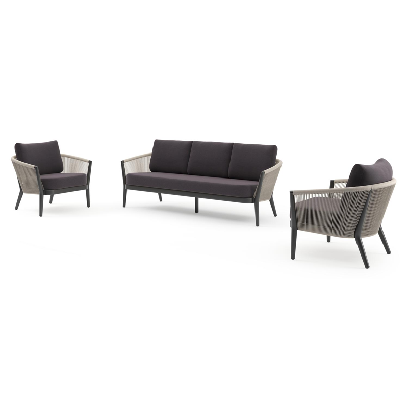 Orso loungeset in zwart aluminium en beige verticaal geweven ronde rope met Tundra Red all weather sunbrella® luxe kussen