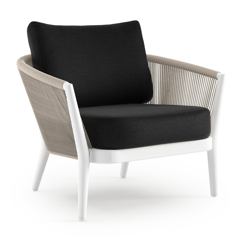 Fauteuil de jardin Orso en aluminium blanc en corde ronde tissée verticalement beige et coussins en all weather sunbrella® luxe Lopi Baribal