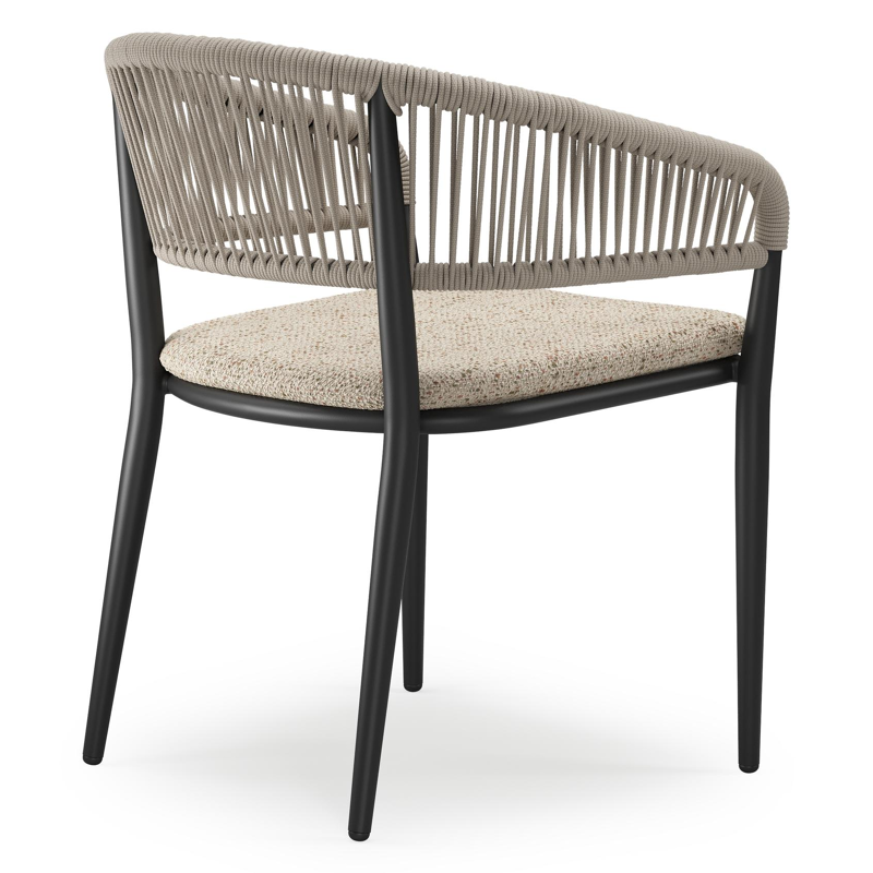Tolfa stapelbare tuinstoel in zwart aluminium en beige verticaal geweven ronde rope met stoelkussen in All Weather Cosytica Bora Jungle