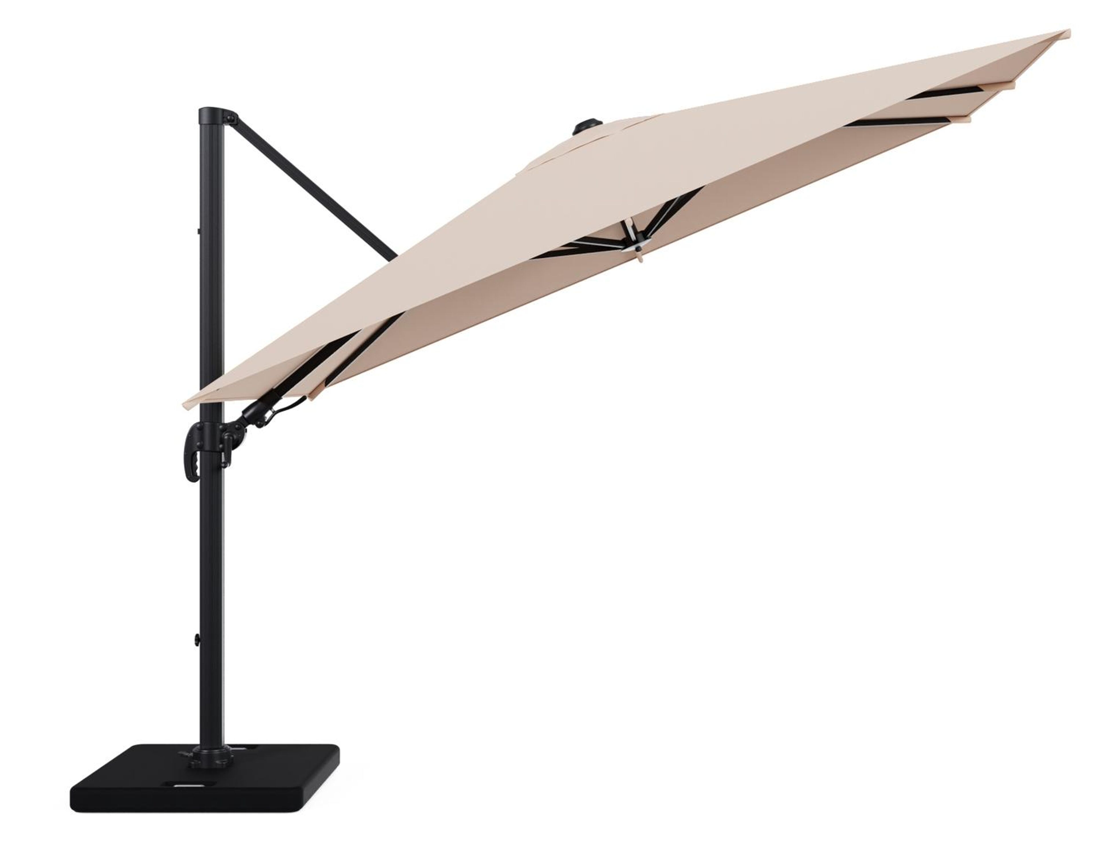 Avola zweefparasol met tiltfunctie in zwart aluminium en Natte Linen Chalk Sunbrella Premium parasoldoek - L1 200 x L2 300 cm met parasolvoet Pedito 120 kg