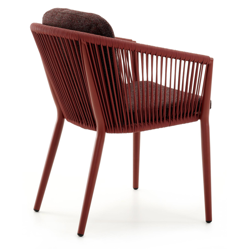 Orso tuinstoel in ruby aluminium en verticaal geweven ronde rope met All Weather Sunbrella Tundra Red kussen