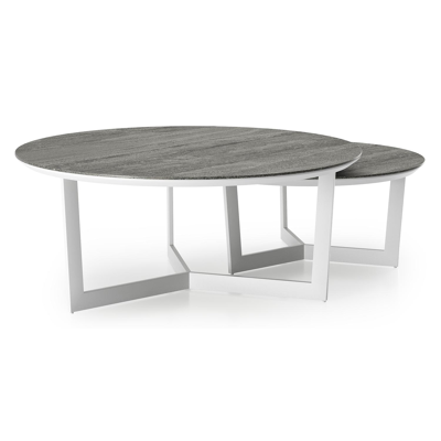 Lacrima loungetafels in wit aluminium en aspen grey volkeramiek - Dia. 85/65 x H 35/30 cm
