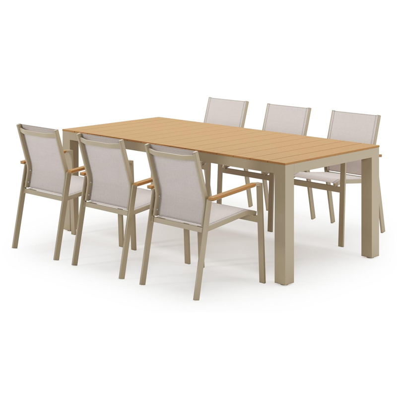 Ensemble de jardin Calzo en aluminium beige et polywood avec 6 chaises de jardin empilable Bahia