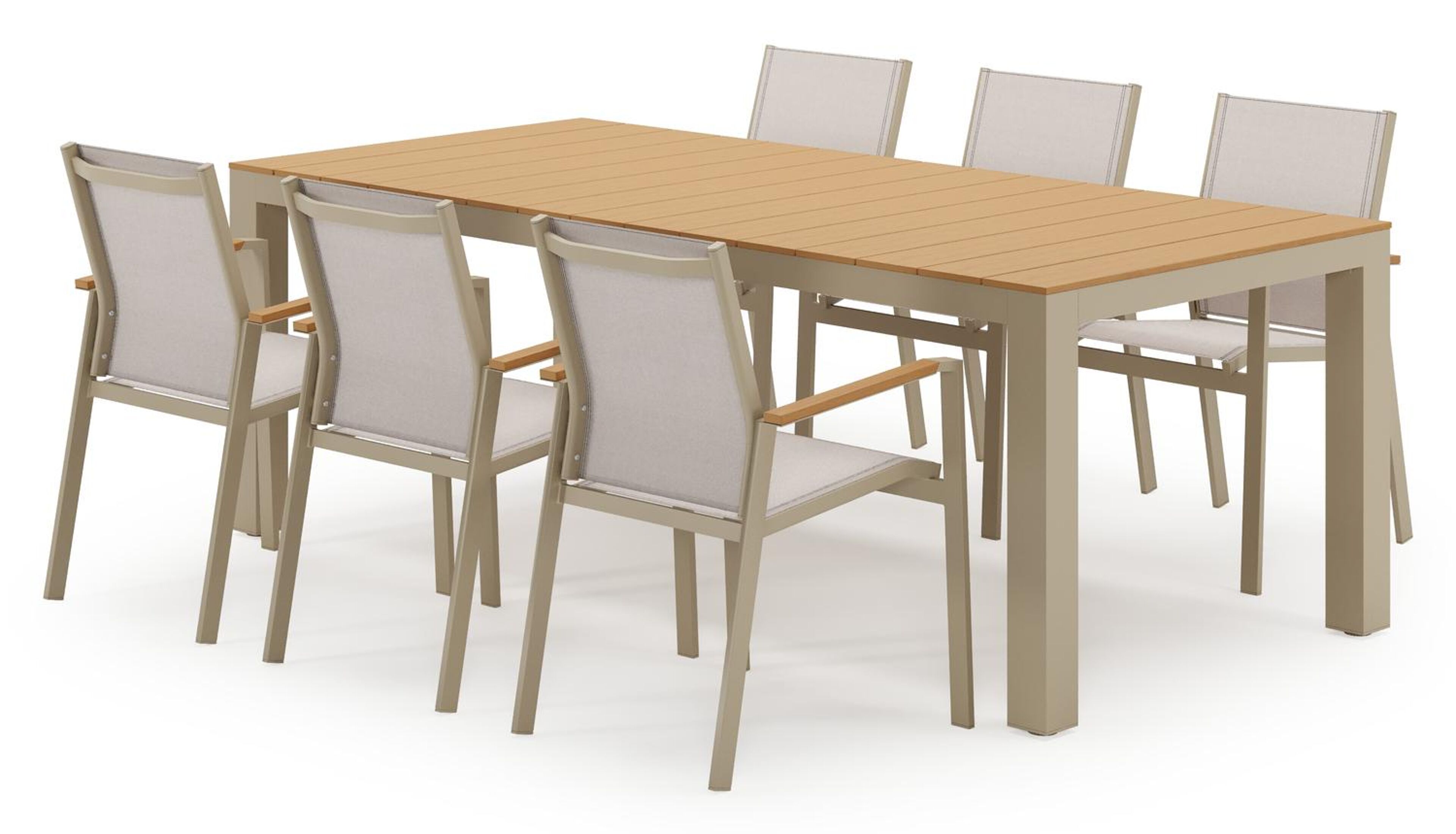 Ensemble de jardin Calzo en aluminium beige et polywood avec 6 chaises de jardin empilable Bahia