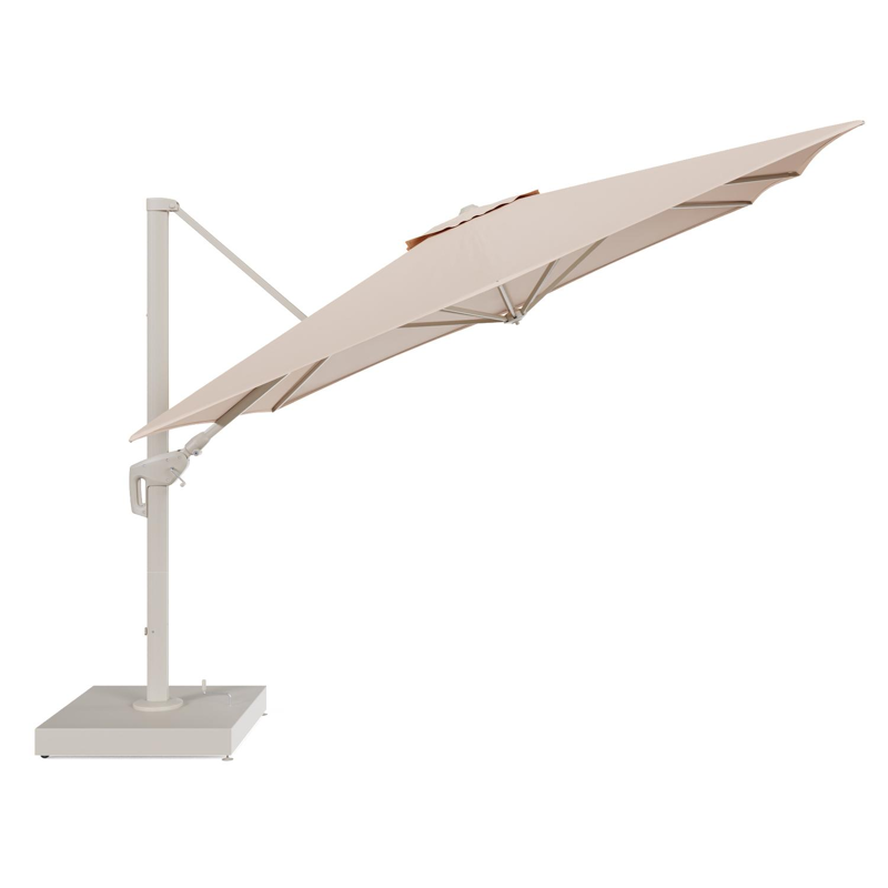 Minore zweefparasol met tiltfunctie in beige aluminium en Natte Linen Chalk All Weather Sunbrella® Luxe parasoldoek - L1 350 x L2 350 cm met parasolvoet Minore 260 kg met wielen