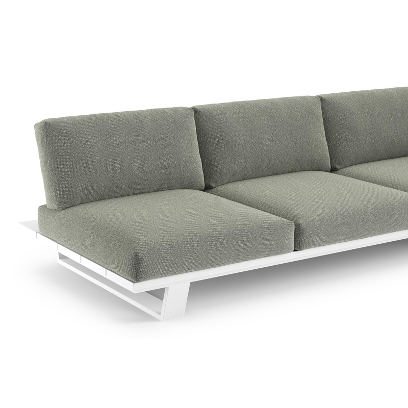 Canapé de jardin Pagino en aluminium blanc et coussins en all weather sunbrella® luxe savane leaf