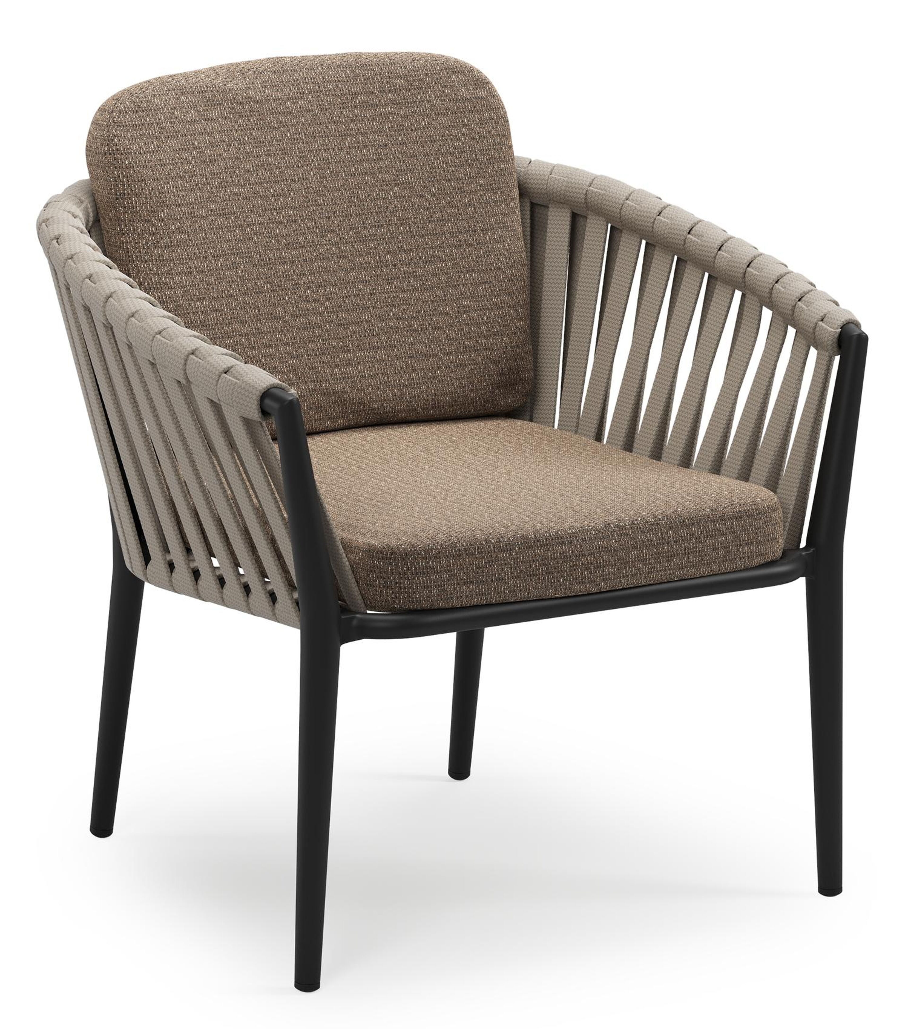 Orso low dining tuinstoel in zwart aluminium en beige verticaal geweven luxe vlakke brede rope met stoelkussen in All Weather Solica Firenze Bamboe
