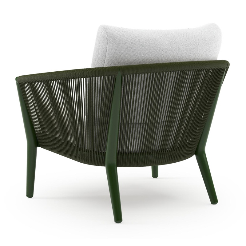 Orso loungestoel in groen aluminium en groen verticaal geweven ronde rope met Ego Birch all weather solica kussen