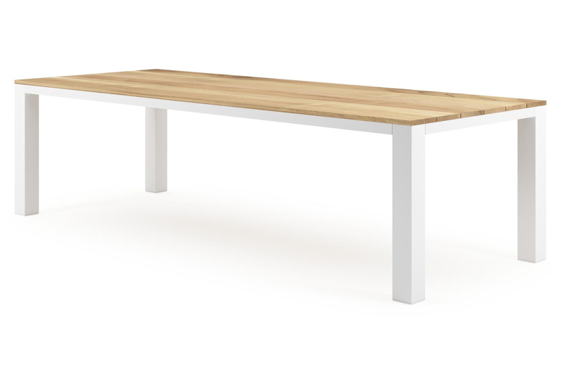 Table de jardin Nano en aluminium blanc et teck - Lg 280 x Larg. 110 x H 75 cm