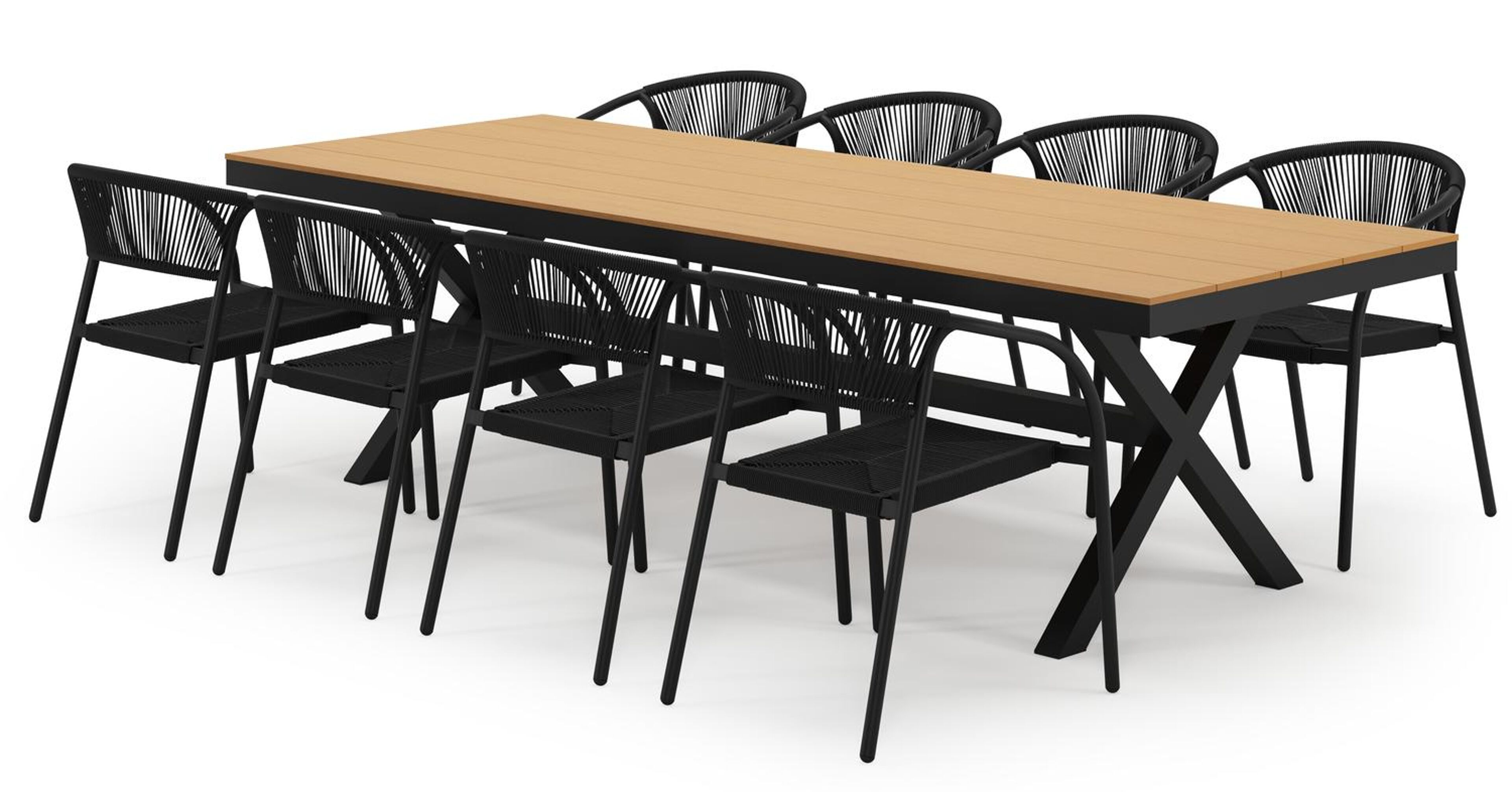 Bahia tuinset in zwart aluminium en polywood met 8 stapelbare Melo tuinstoelen