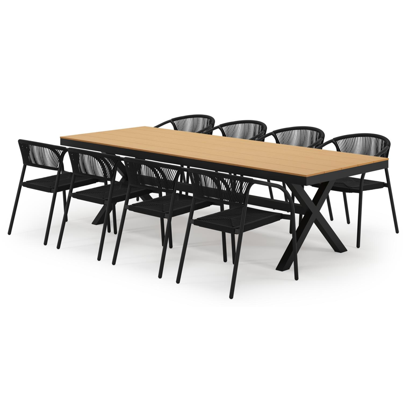 Bahia tuinset in zwart aluminium en polywood met 8 stapelbare Melo tuinstoelen