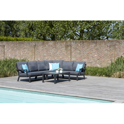 Alcudia loungehoek in grijs aluminium met grijs polyester kussens en loungetafel