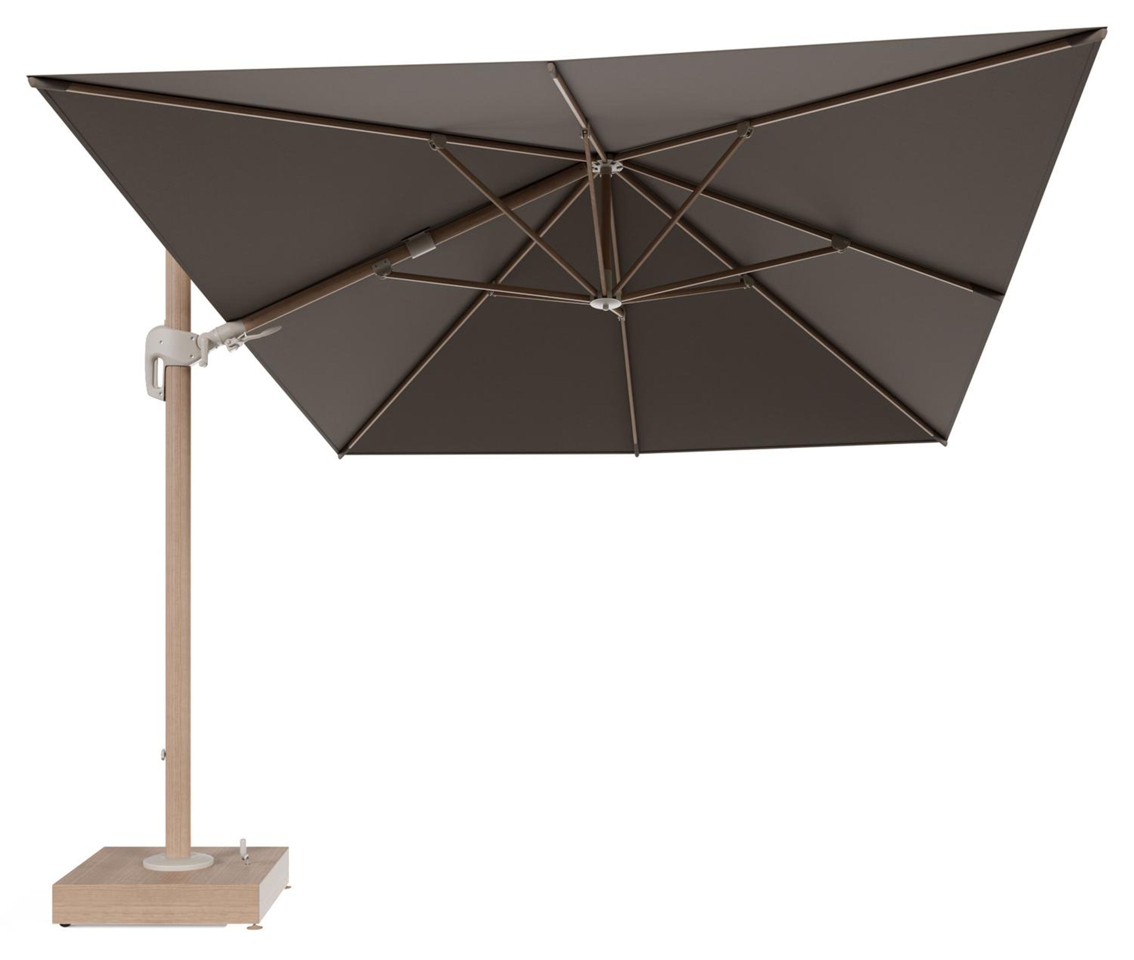 Rufina zweefparasol met tiltfunctie in houtlook aluminium en Natte Heather Grey All Weather Sunbrella® Luxe parasoldoek - L1 400 x L2 300 cm met parasolvoet Minore 150 kg met wielen