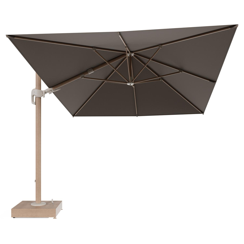 Rufina zweefparasol met tiltfunctie in houtlook aluminium en Natte Heather Grey All Weather Sunbrella® Luxe parasoldoek - L1 400 x L2 300 cm met parasolvoet Minore 150 kg met wielen