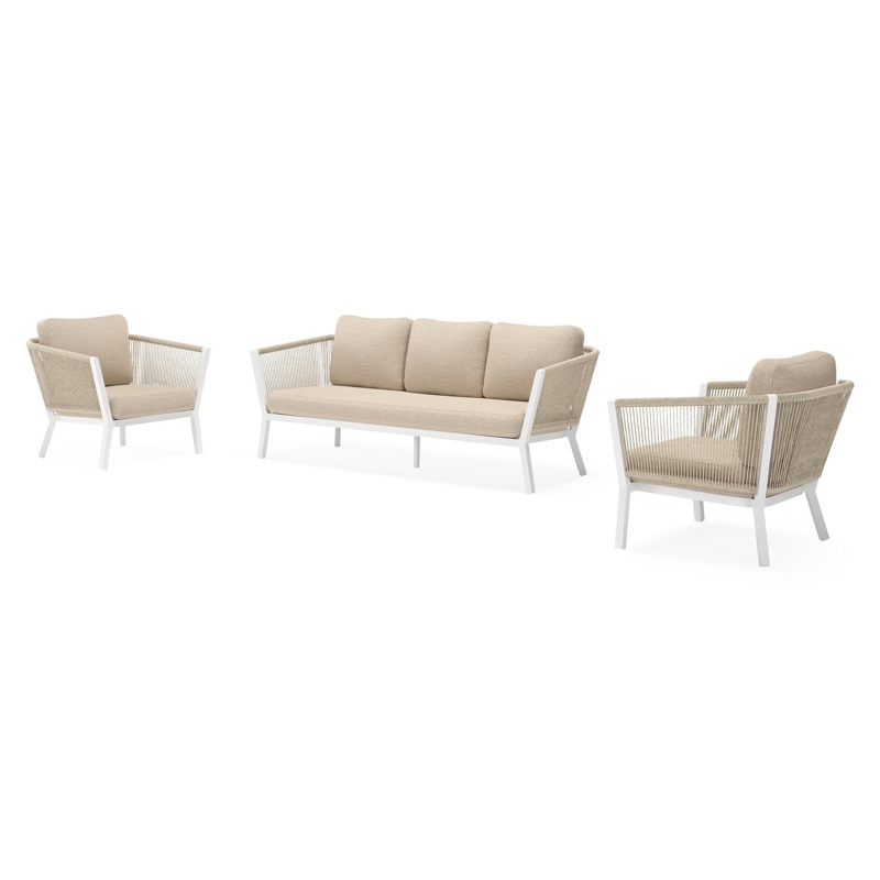 Salon de jardin Cordoba en aluminium blanc et corde ronde tissée verticalement beige et coussins en weather+ softtouch rustic