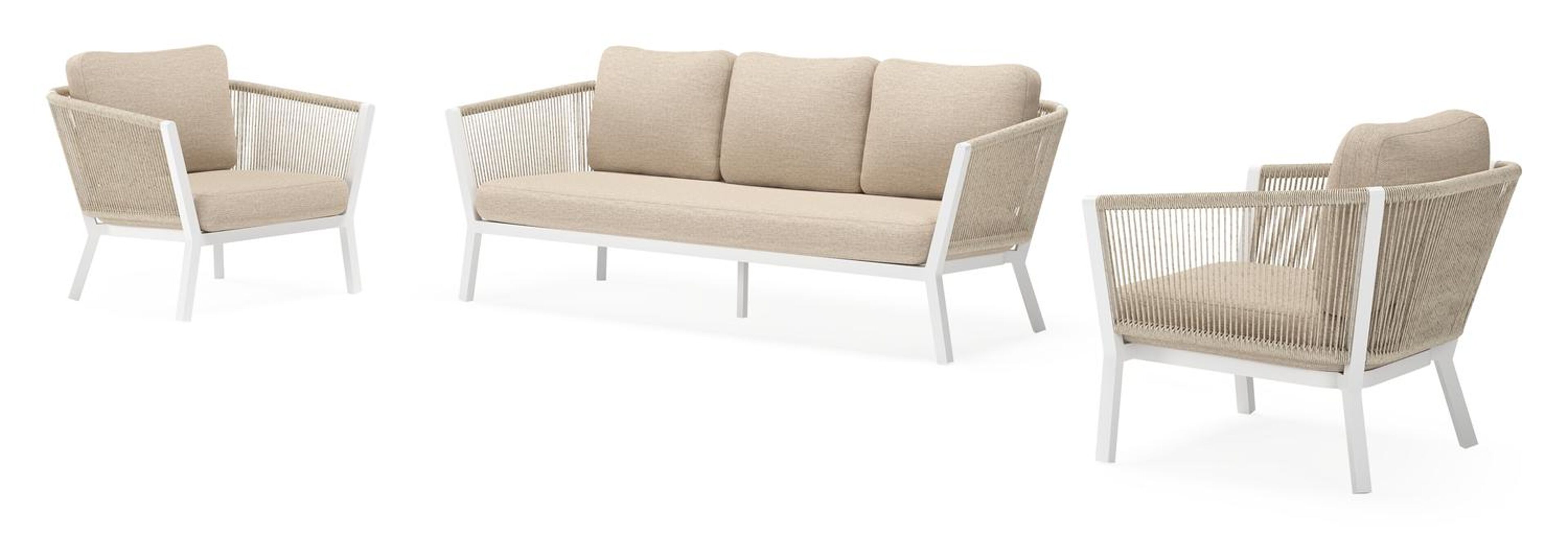 Cordoba loungeset in wit aluminium en beige verticaal geweven ronde rope met rustic weather+ softtouch kussens