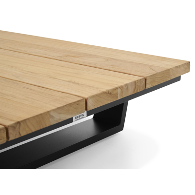 Table basse / pouf Pagino en aluminium noir et teck naturel - Lg 79,5 x larg. 79,5 x H 21 cm