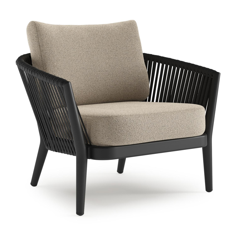 Orso loungestoel in zwart aluminium en zwart verticaal geweven luxe vlakke rope met Marbella Beige all weather cosytica kussen