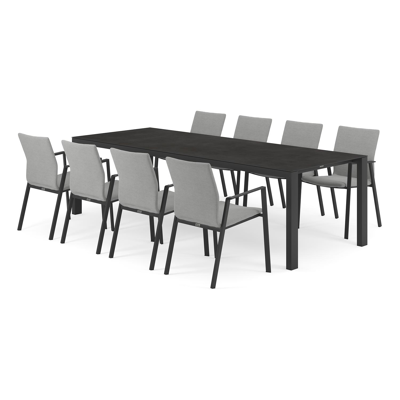 Trente tuinset in zwart aluminium en zwart volkeramiek tafelblad met 8 stapelbare Madura tuinstoelen