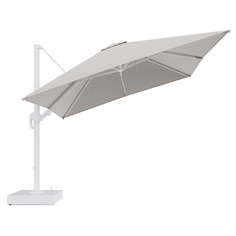 Rufina zweefparasol met tiltfunctie in wit aluminium en Tundra Sand All Weather Sunbrella® Luxe parasoldoek - L1 300 x L2 300 cm met parasolvoet Minore 150 kg met wielen