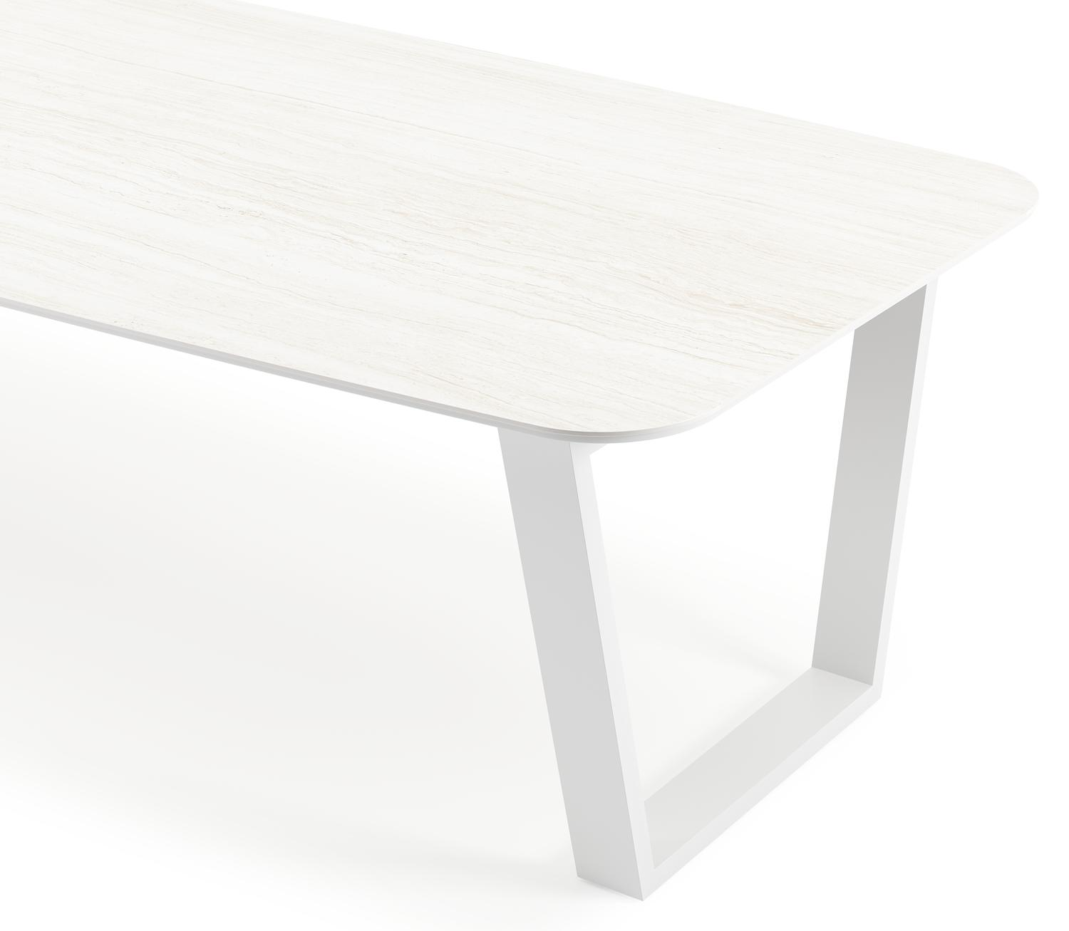 Pagino tuintafel bootvorm in wit aluminium en volkeramiek calista - L 315 x B 115 x H 73 cm