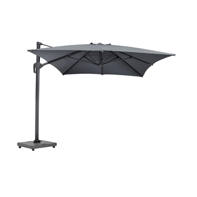 Rufina zweefparasol in zwart aluminium met natte charcoal chine all weather sunbrella® luxe parasoldoek - L1 300 x L2 400 cm (met voet)