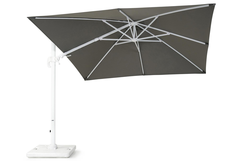 Avola zweefparasol met tiltfunctie in wit aluminium met grijs all weather sunbrella® premium parasoldoek - L1: 300 x L2: 300 cm (met voet)