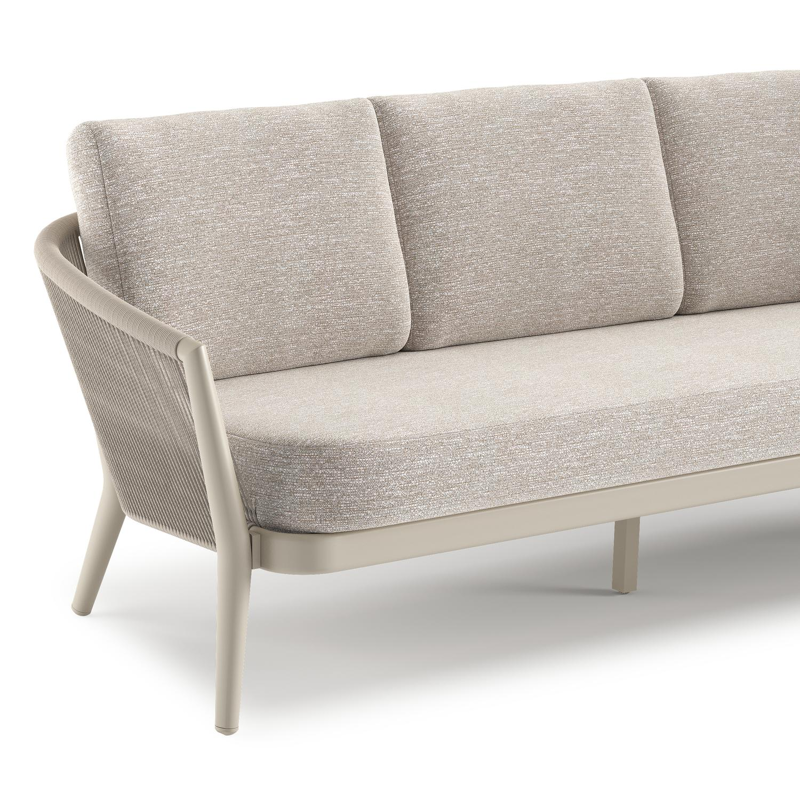 Canapé de jardin Orso en aluminium beige en corde ronde tissée verticalement beige et coussins en all weather sunbrella® luxe Tundra Sand