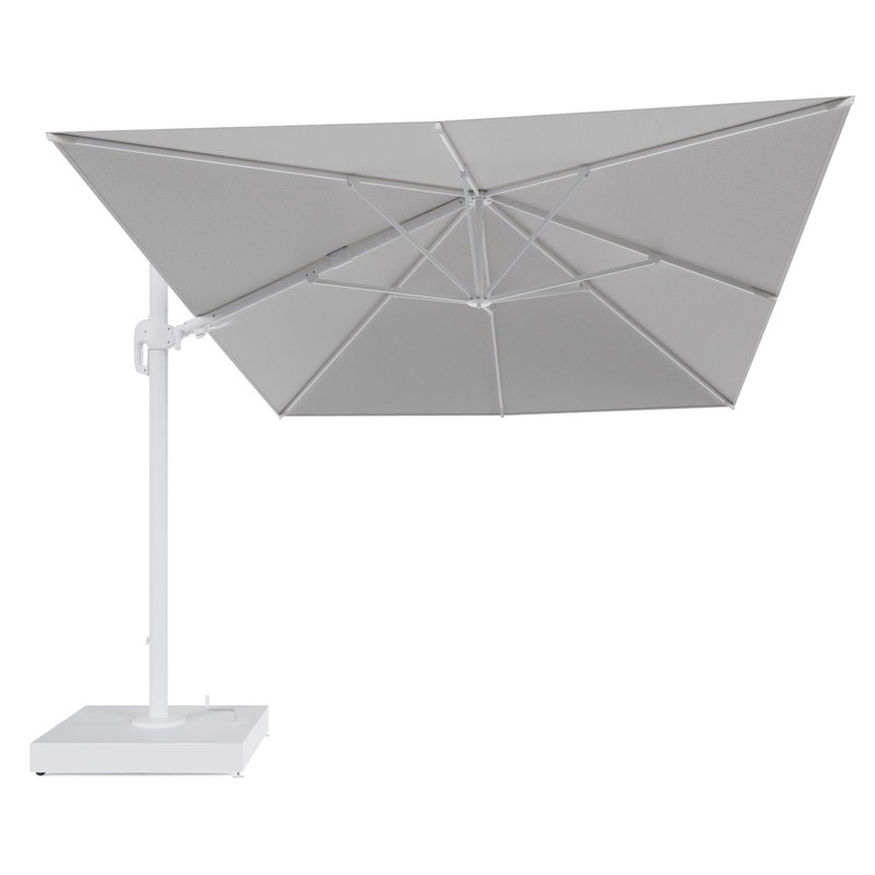 Rufina zweefparasol met tiltfunctie in wit aluminium en Ego Birch All Weather Solica parasoldoek - L1 400 x L2 300 cm met parasolvoet Minore 260 kg met wielen