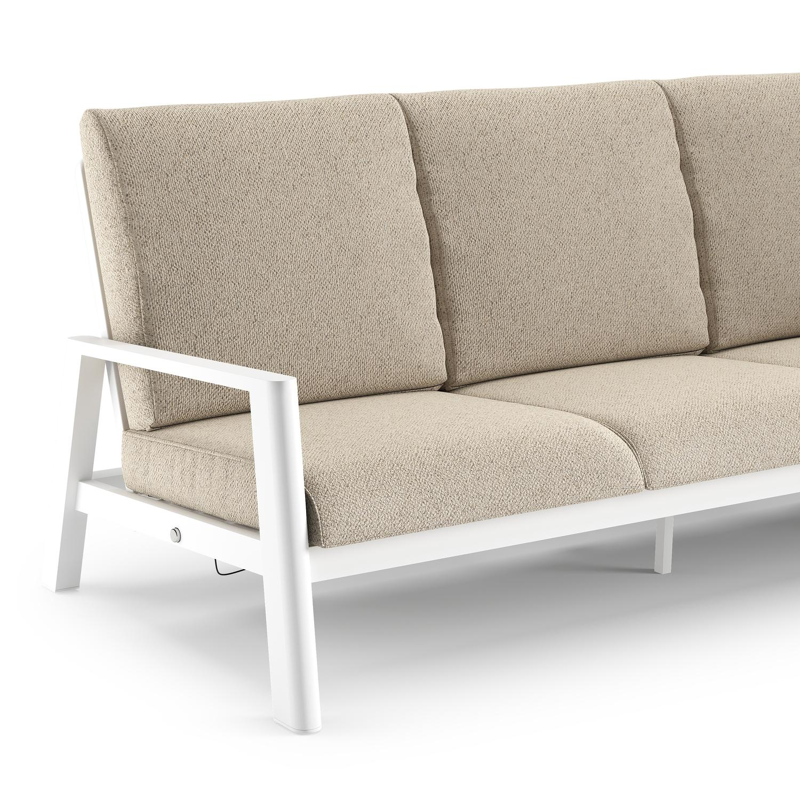 Canapé de jardin Cirello en aluminium blanc et coussins en all weather cosytica bora desert