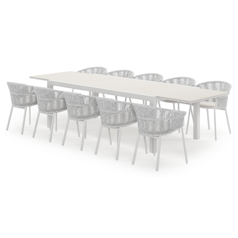 Calobra rechthoekige uitschuifbare tuinset in wit aluminium en sintered stone crema minerale met 10 Matera tuinstoelen