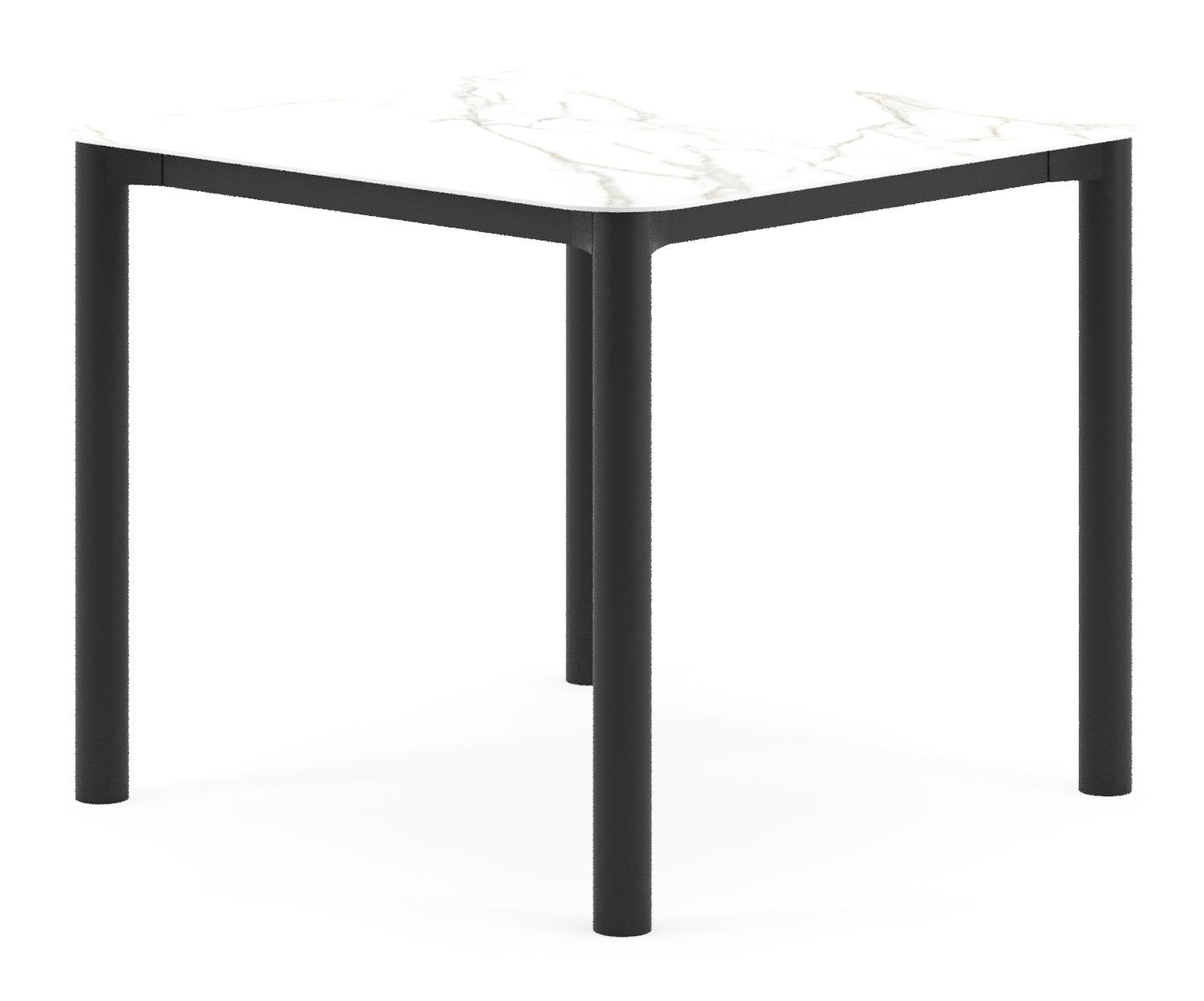 Table de jardin Orso rectangulaire arrondi en aluminium noir et céramique pleine Calacatta - Lg. 90 x Lrg. 90 x Haut. 74.5 cm