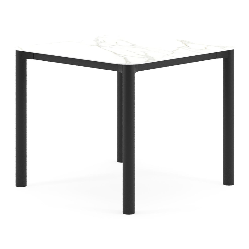 Table de jardin Orso rectangulaire arrondi en aluminium noir et céramique pleine Calacatta - Lg. 90 x Lrg. 90 x Haut. 74.5 cm