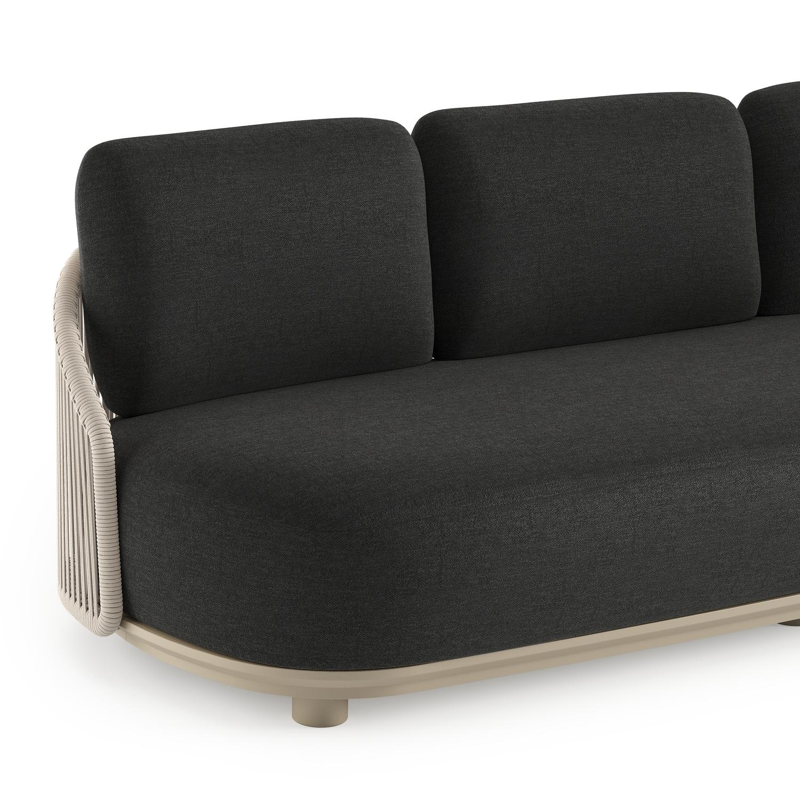 Vadelo loungeset in beige aluminium en beige verticaal geweven ronde rope met chartres sooty all weather sunbrella® luxe kussen