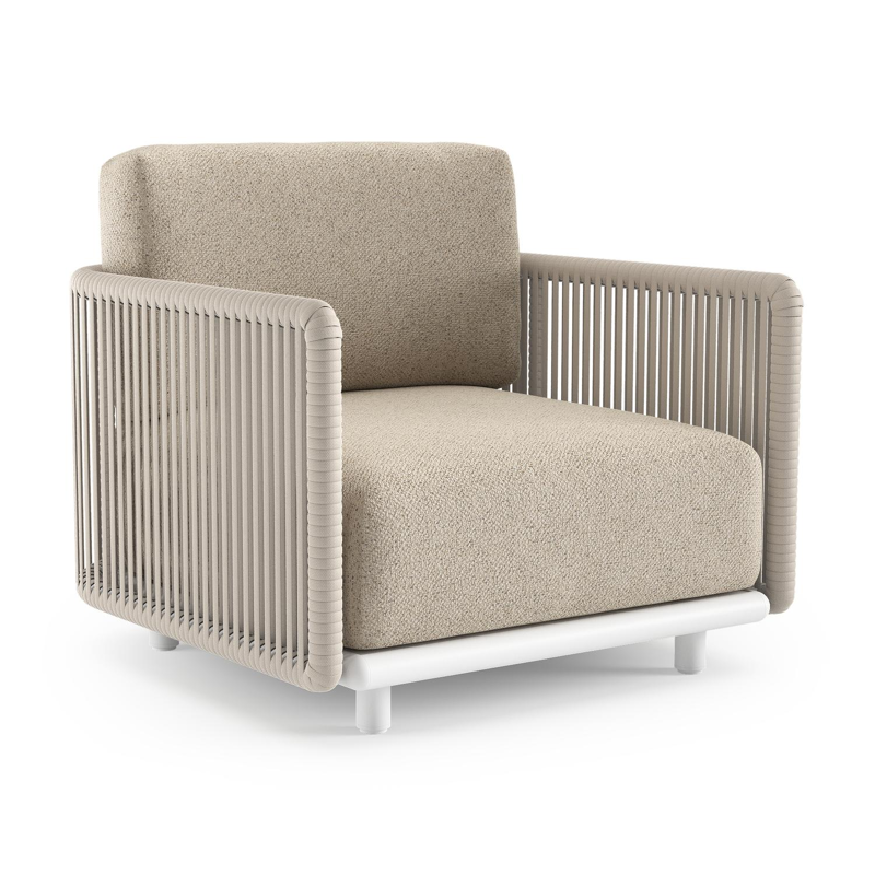 Organo loungestoel in wit aluminium en beige verticaal geweven luxe vlakke rope met bora desert all weather Cosytica kussen