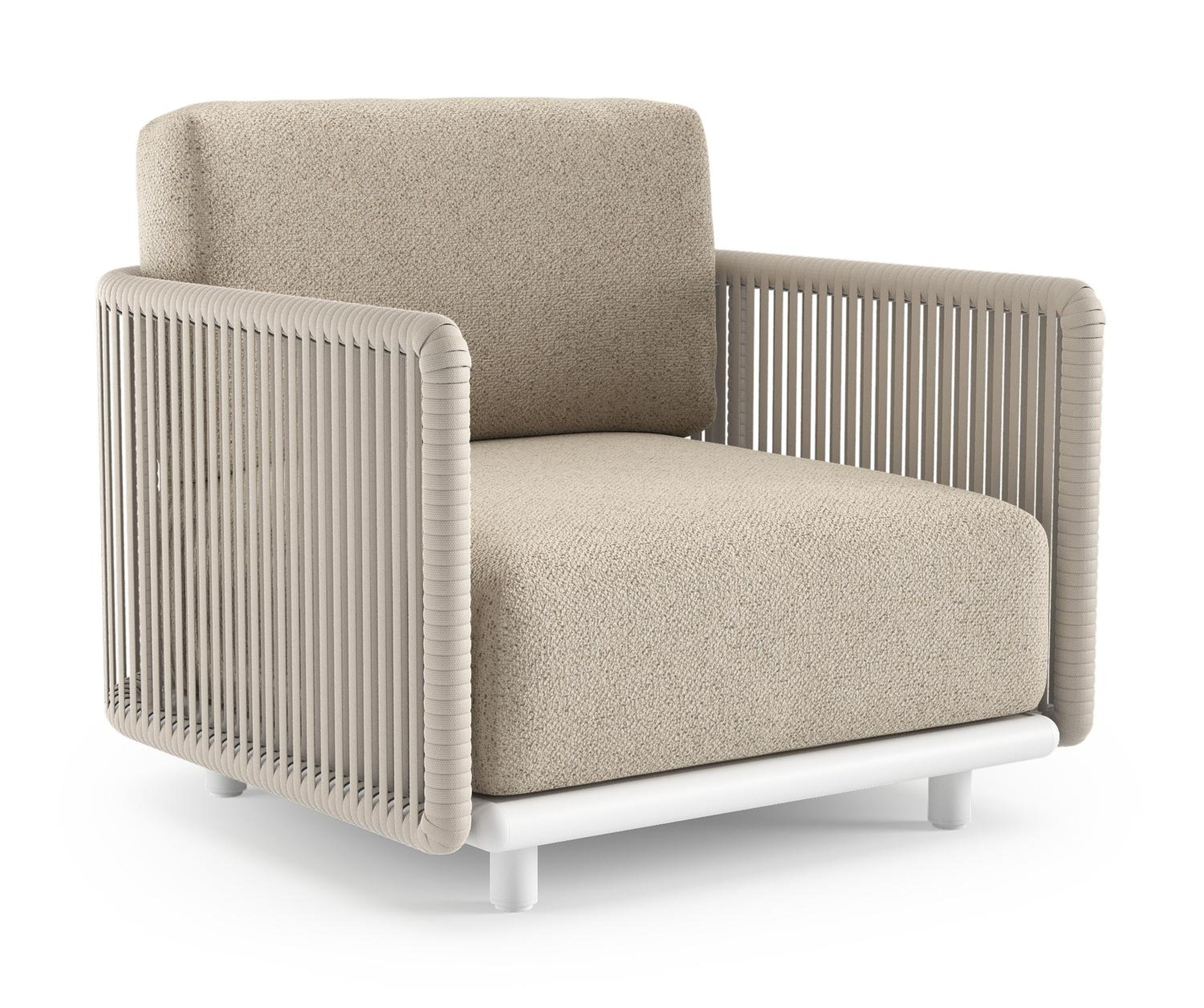 Organo loungestoel in wit aluminium en beige verticaal geweven luxe vlakke rope met bora desert all weather Cosytica kussen