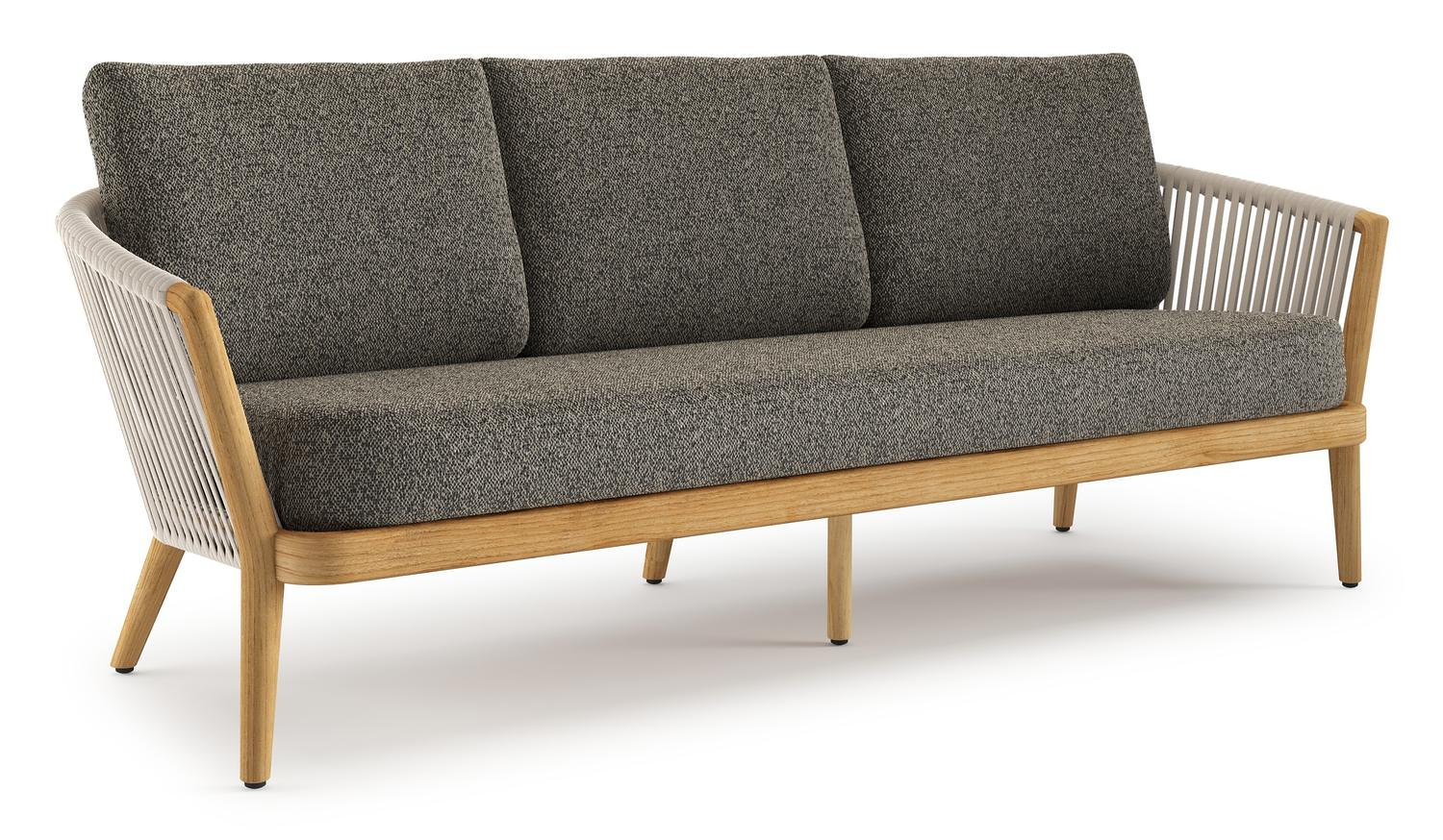 Orso loungebank in teak en beige verticaal geweven luxe vlakke rope met Marbella Tunder all weather cosytica kussen