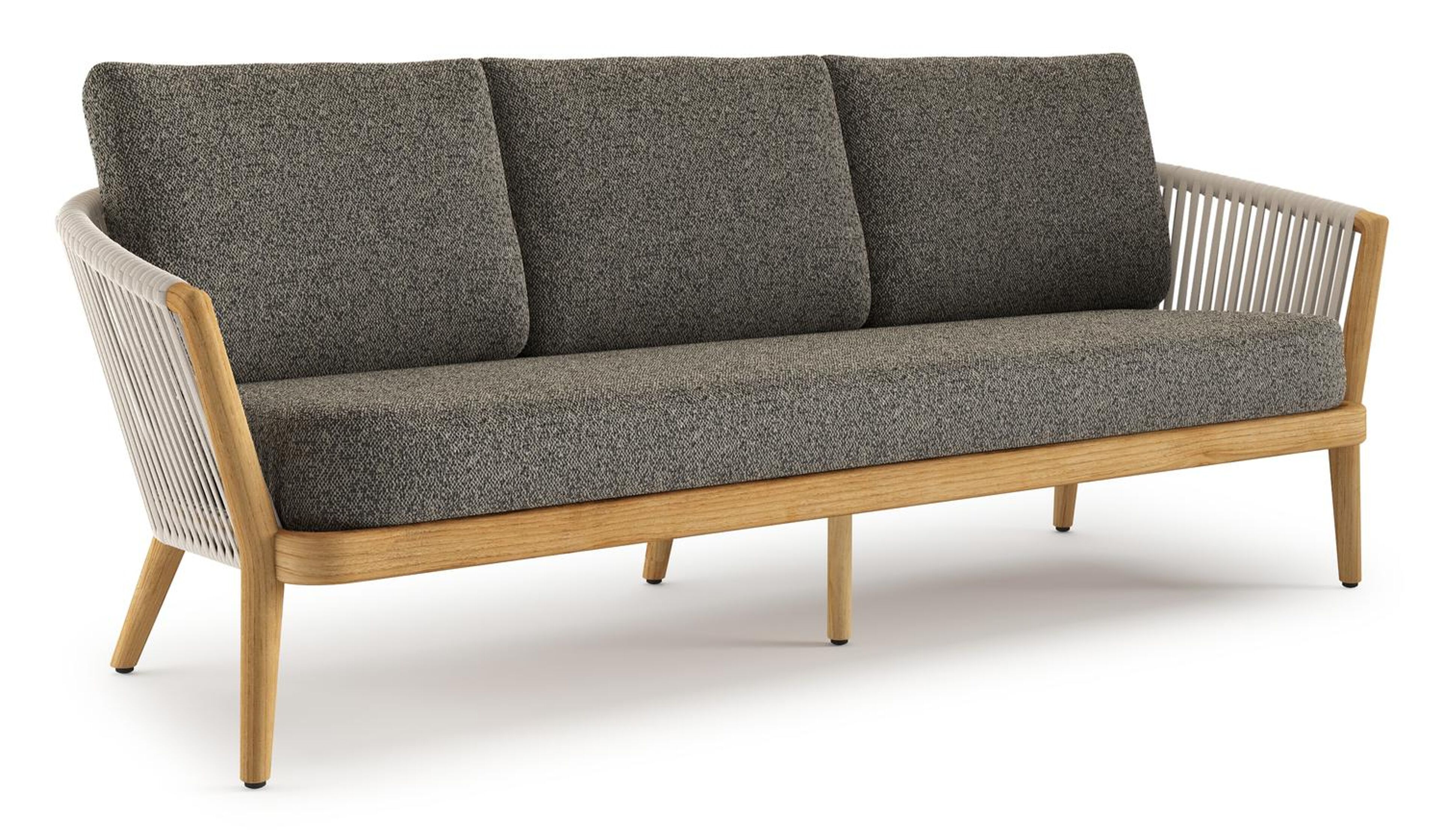 Orso loungebank in teak en beige verticaal geweven luxe vlakke rope met Marbella Tunder all weather cosytica kussen