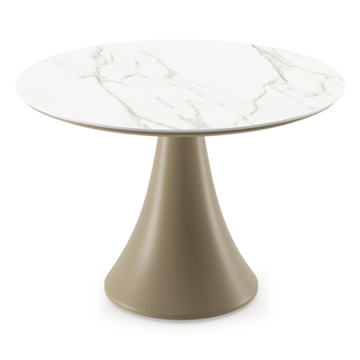 Table de basse low dining Fano ronde en aluminium beige et céramique pleine Calacatta - Diam. 85 x Haut. 55 cm